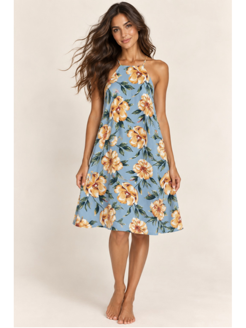 Peppermint Floral Halter Knee Length Dress Coastal Preppy Nantucket Vaca Boho L